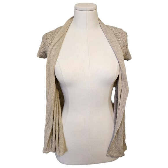 Vintage Y2K Short Sleeve Cardigan Smocked Cute Beige Boho Flowy School Sz M - Picture 3 of 6